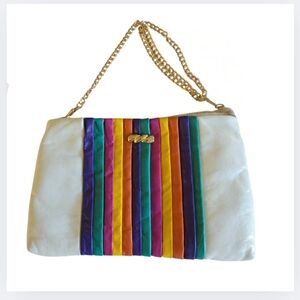 Fay Vintage Handbag White Faux Leather Rainbow Stripe Pleated Gold Chain Purse